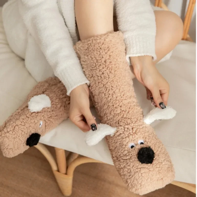 Thermal Sock Women Cartoon 3D Dog Winter Warm Plush Non slip Home Sleeping Soft Female Floor Funny Fuzzy Fluffy Slipper Sock