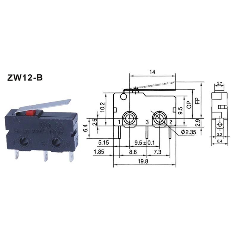 5PCS Micro Switch ZW12-B 10mm x 20mm Reset Switch 3 Pin 5A 250VAC ZW12 Series Tact Switch Non Locking