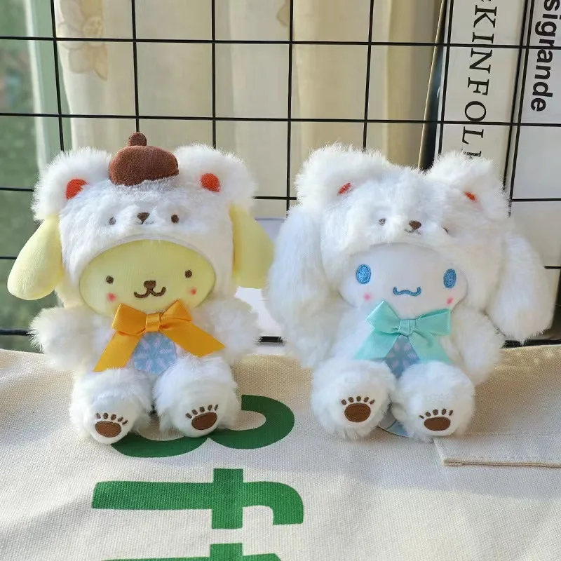 Sanrio Hello Kitty My Melody Kuromi Cartoon Winter Day White Bear Set Bow Tie Soft Plush Pendant Backpack Decoration Couple Gift