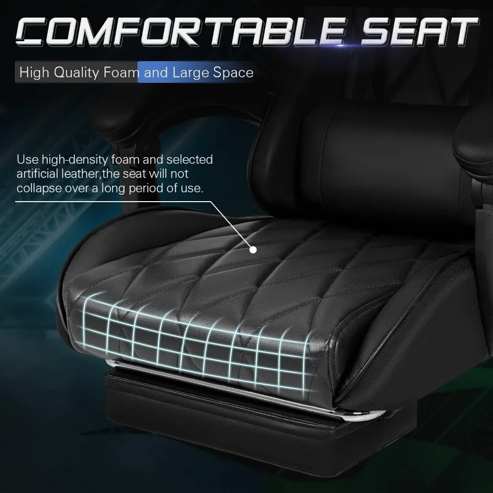 Fotel gamingowy z otomaną i funkcją masażu stabilizator lędźwiowy, obrotowa o 360 ° i wysokości-regulowany fotel z zagłówkiem