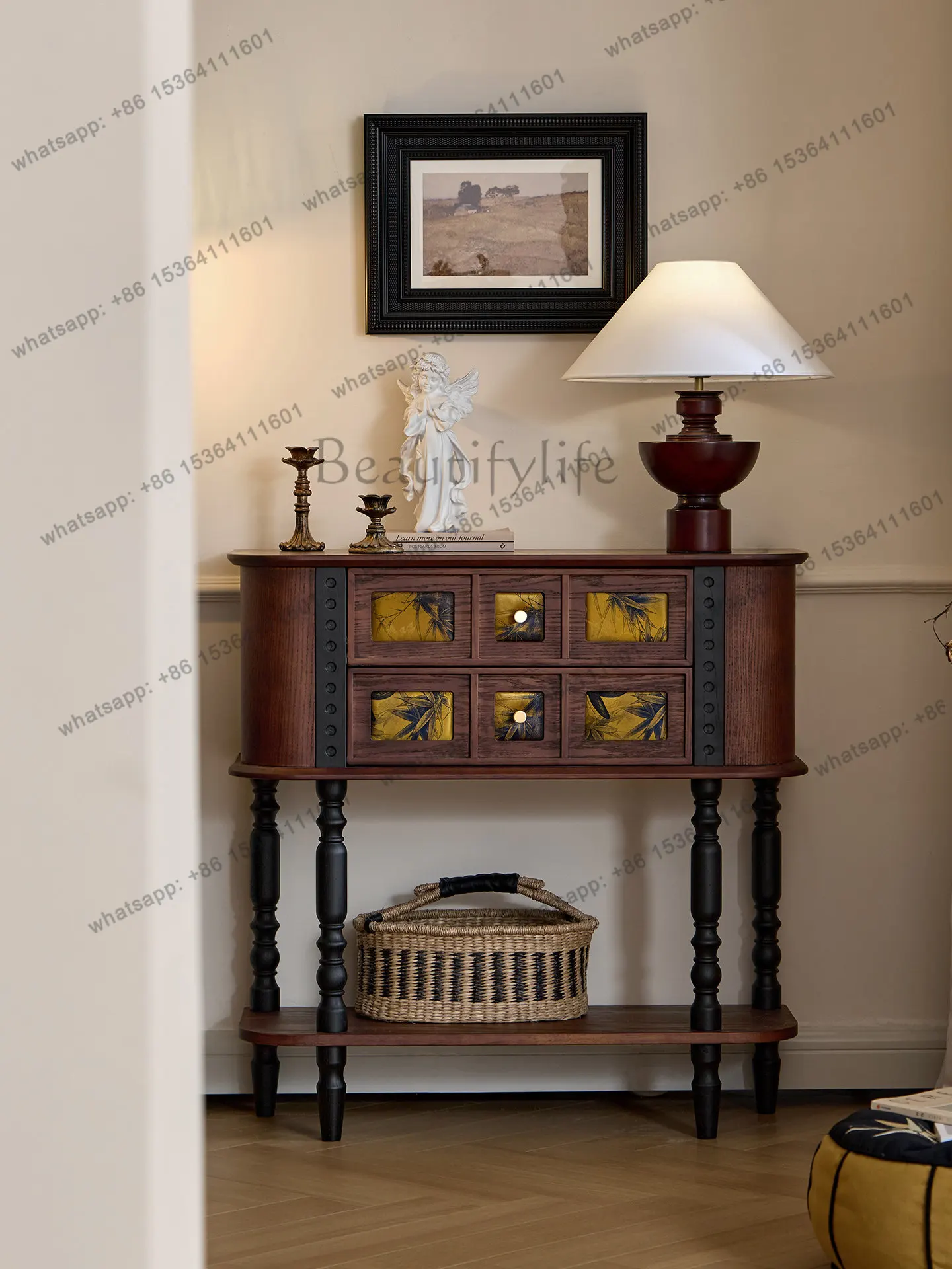 French retro solid wood porch cabinet, living room two-color contrasting decorative cabinet, antique storage porch table