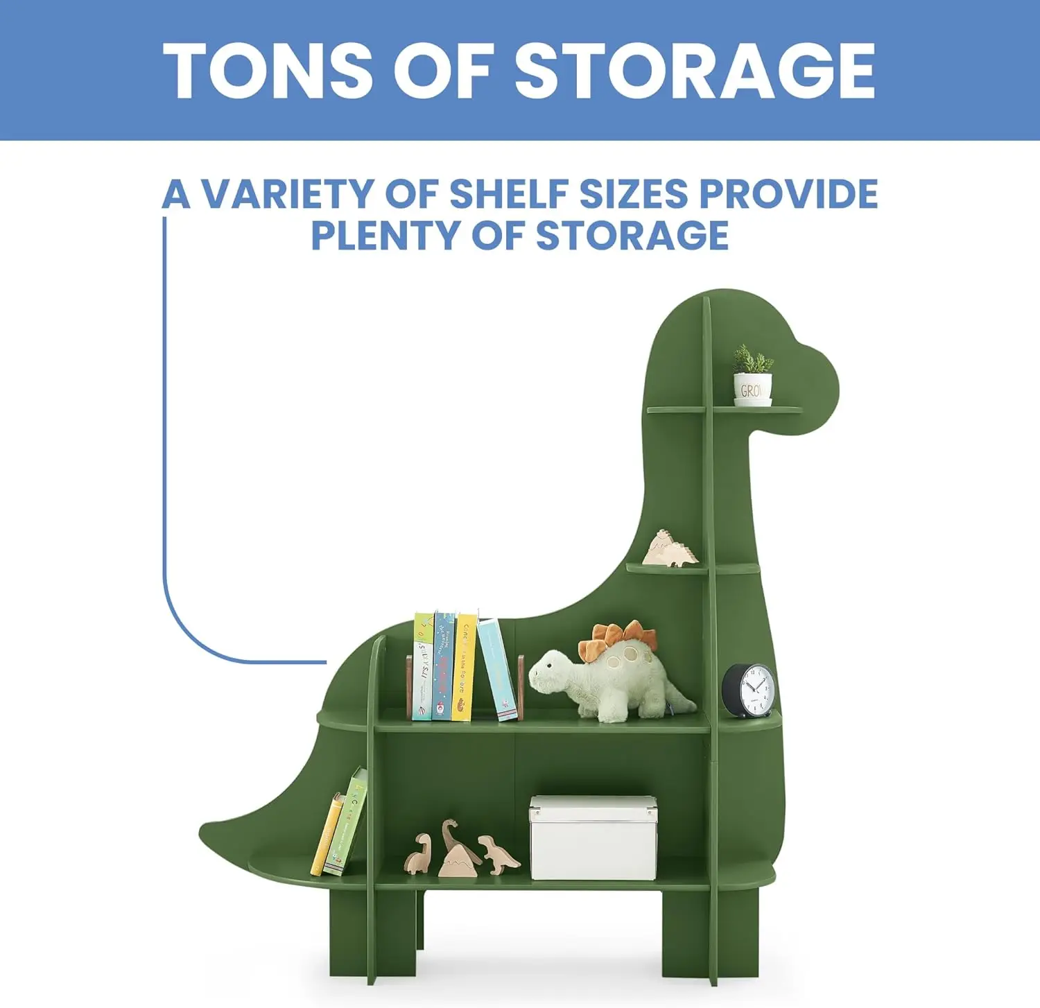 Dinosaur Bookcase with Greenguard Gold Certification, Fern Green - Versatile Storage for Kids' Rooms
