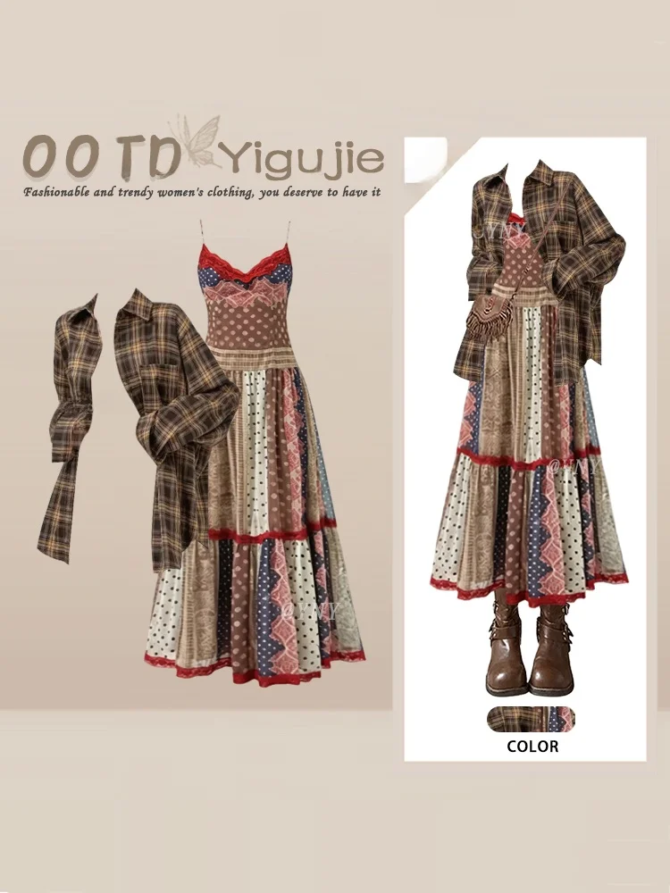 Cafe Brown Mermaid Wind Xinjiang Travel Outfit Autumn Long Sleeve Plaid Shirt Strap Dress Two Piece Set Women Fashion Ensemble