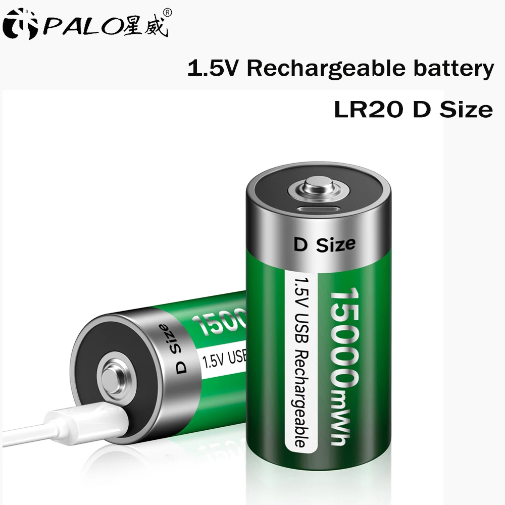 PALO 1.5V D Size Rechargeable Battery Type-C USB Charging LR20 Li-ion Batteries R20 Lithium Battery for Heater Gas Stove