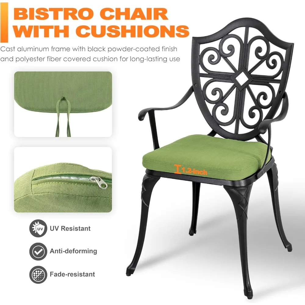 طقم بيسترو خارجي مكون من 3 قطع مع وسائد، طاولة بيسترو مستديرة من الألومنيوم المصبوب مقاس 24 بوصة مع فتحة مظلة مقاس 2.17 بوصة، 2 ثنائية من الألومنيوم المصبوب #5