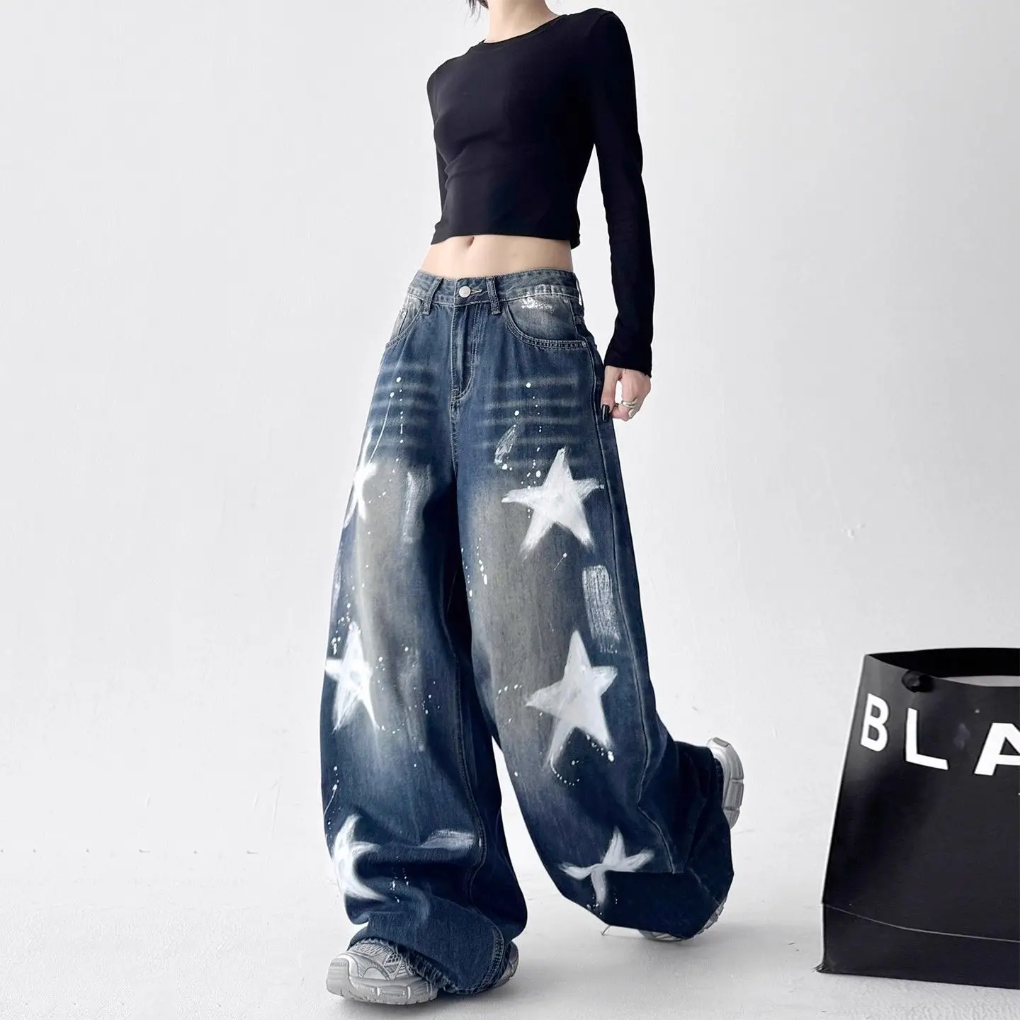 Damskie niebieskie jeansy cargo w stylu casual z motywem gwiazd, luźne, w stylu Y2K, japońskie Harajuku, estetyczne, w stylu High Street, vintage z lat 2000., spodnie jeansowe, odzież.