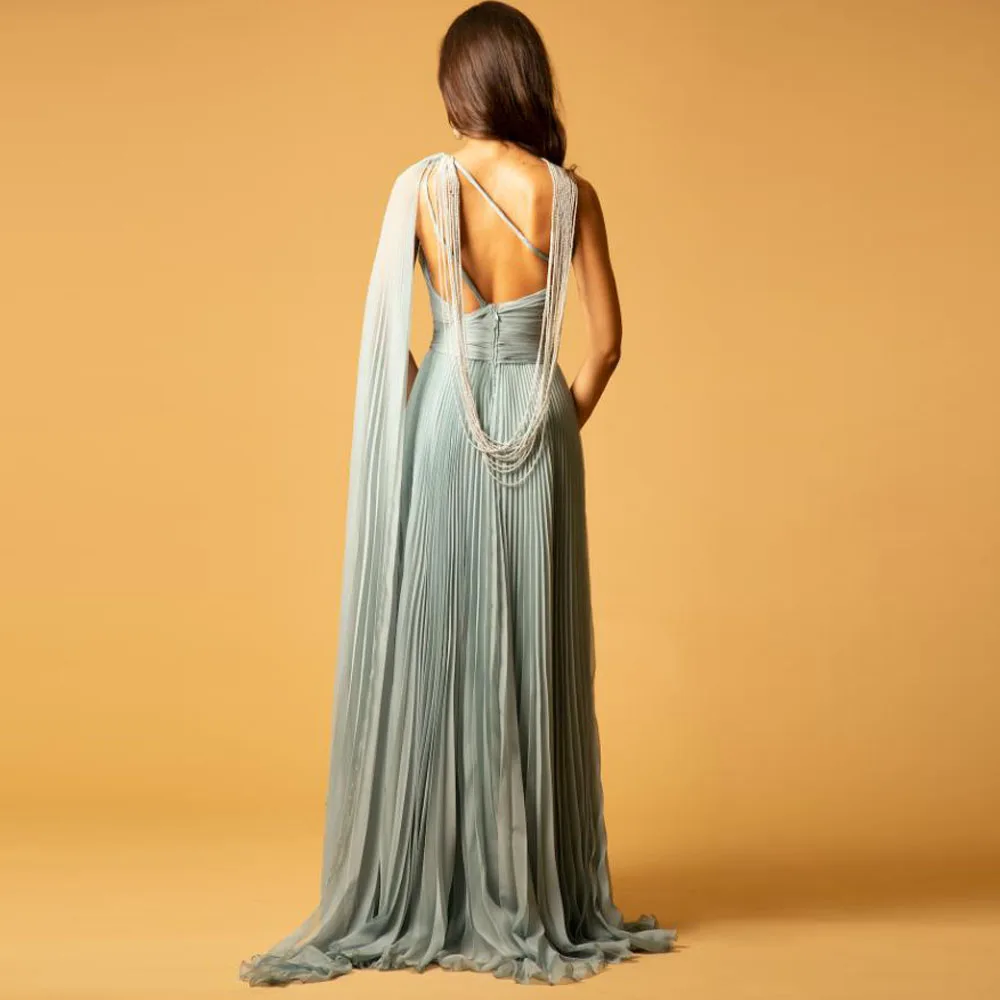 Customized One Shoulder Pleated Evening Dresses Beading Backless Summer Special Occasion Dress with Slit Flowy Chiffon Gown