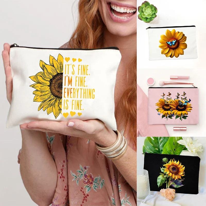 

Sunflower Zipper Makeup Pouch Positive Cheerful Bag Bags Feminina Travel Cosmetic Bag Shool Pencil Case Beauty Kits Purse Wallet