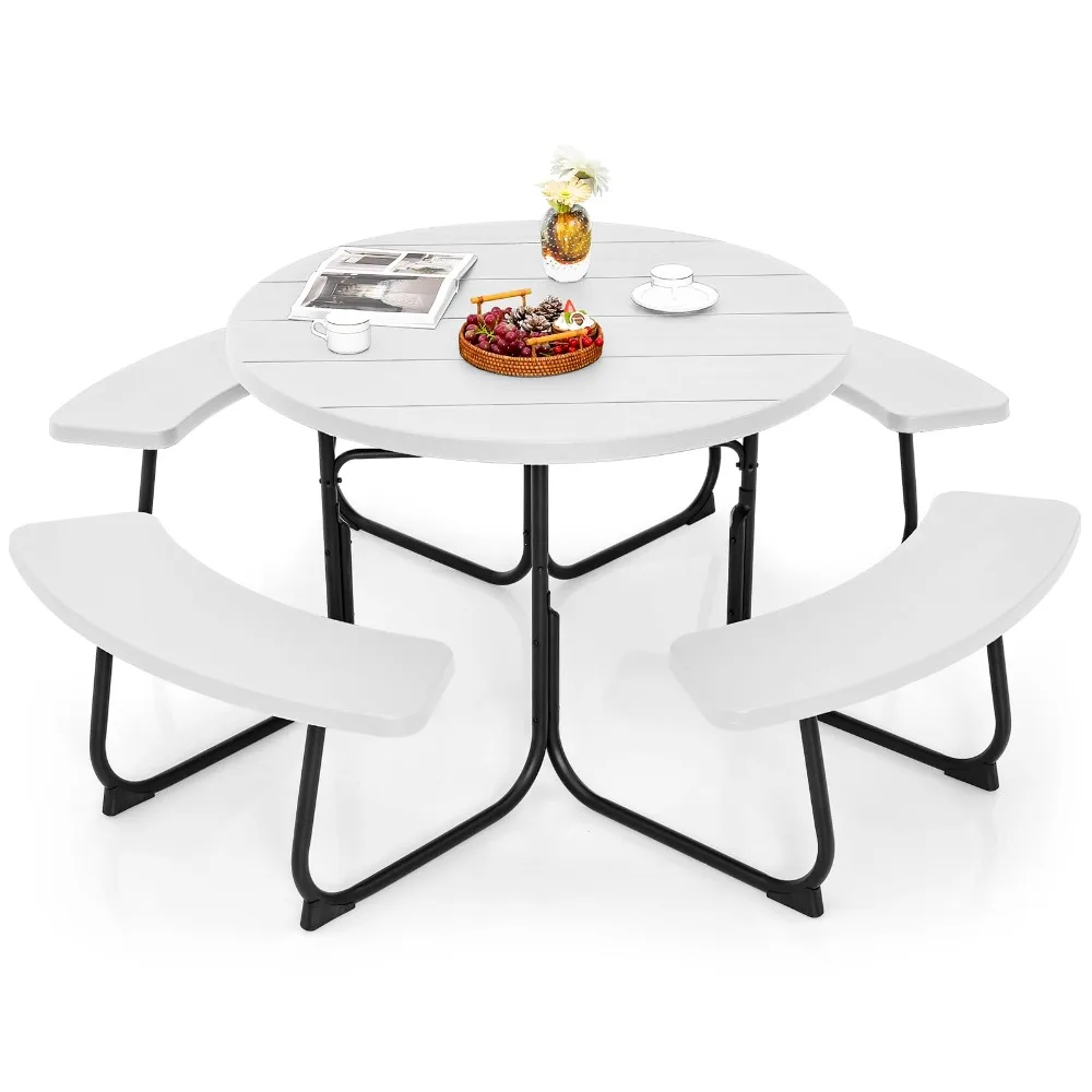 Conjunto de mesa de piquenique para até 8 pessoas, mesa redonda ao ar livre e banco com guarda-chuva, pátio para jardim