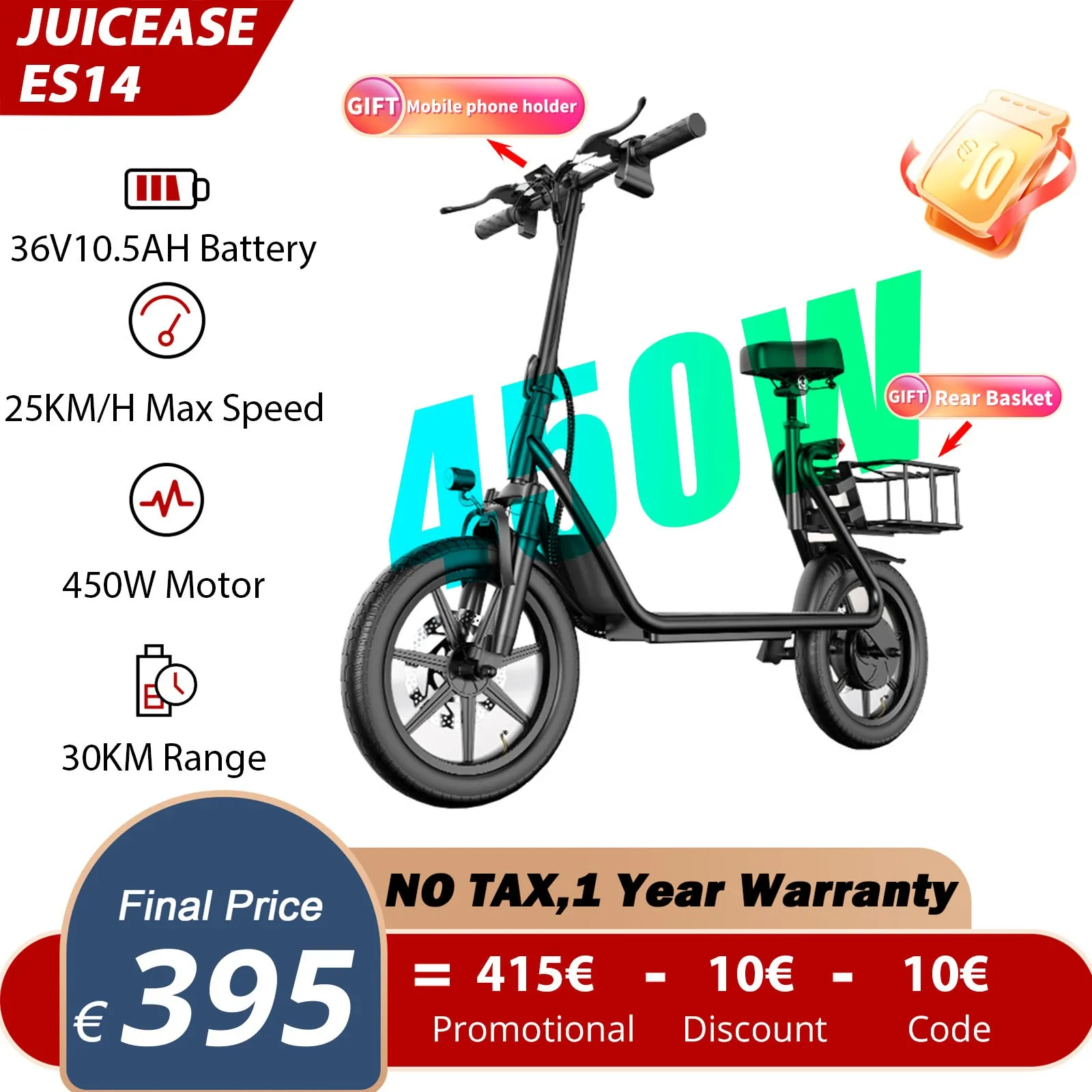 JUICEASE ES14 10.4AH Electric Scooter 36V 14Inch Tire Urban LED Light Phone Holder Shopping Basket Powerful Scooter Electric