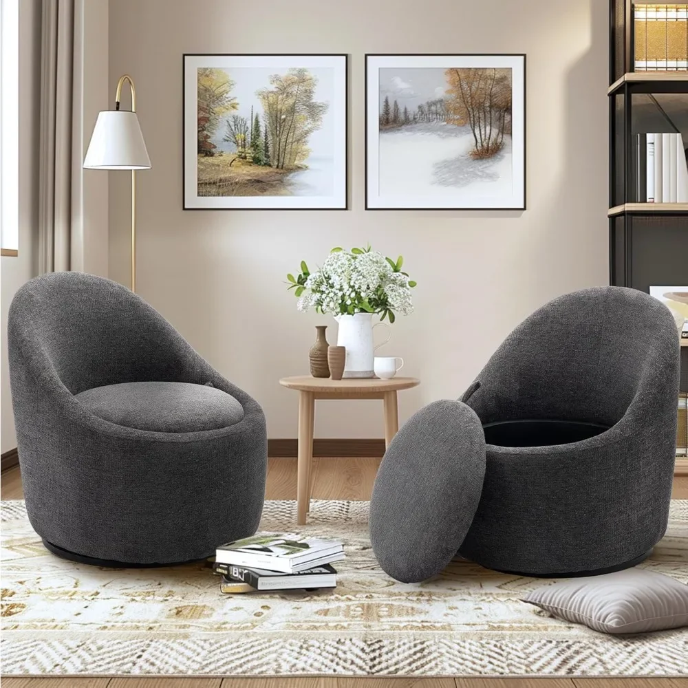 Bucket Chair, 360° Swivel Accent Chair Set Of 2, Upholstered Chenille Fabric Leisure Modern Armchair With Hidden Storage