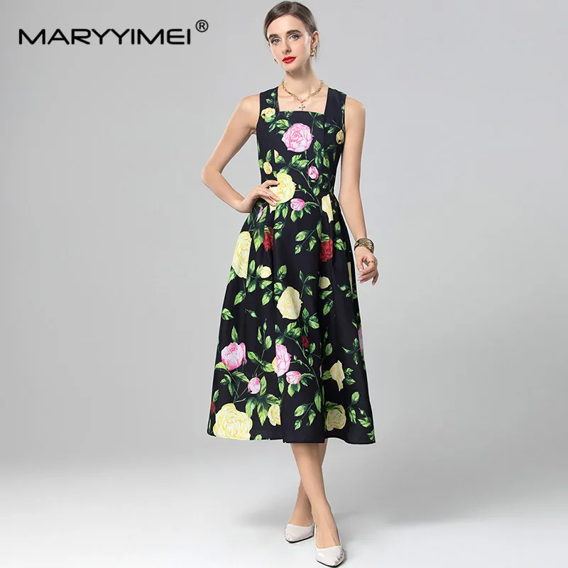 MARYYIMEI Fashion design Women\'s A-Line Dress Square-Neck Spaghetti Strap Backless High waist Casual Holiday Party Dresses