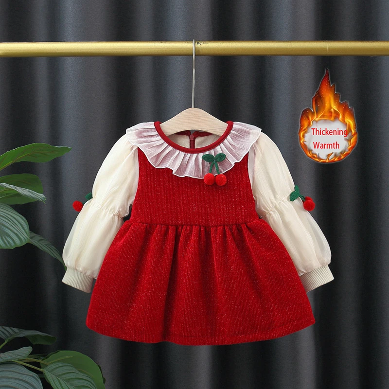 (9 Months -3 Years Old) New Red Long Sleeved Baby Girl Dress For Autumn And Winter, Christmas Party Thick Children\'S Clothing