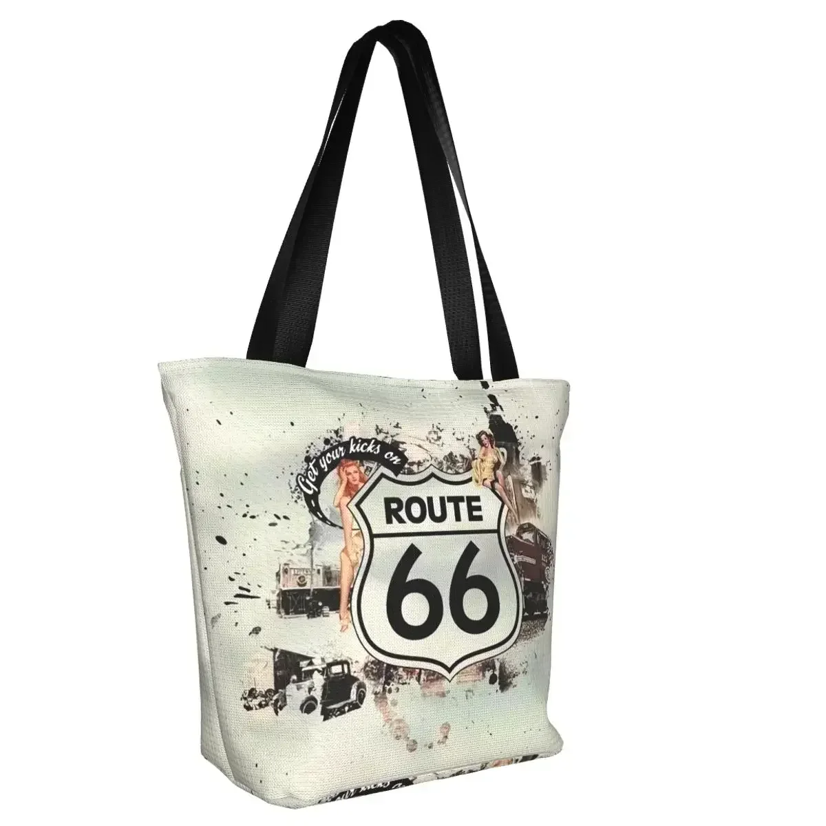 Cute Route 66 Motorcycle Vintage Usa Legend Shopping Tote Bag Reusable Highway Canvas Groceries Shoulder Shopper Bag