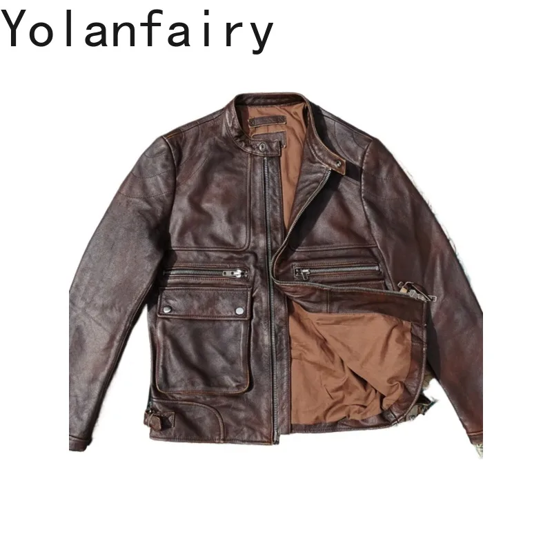 YOLANFAIRY Genuine Cow Leather Jacket Men Multi-Pocket Leather Jacket Top Grain Teacore Distressed Cowhide Genuine Leather 2026