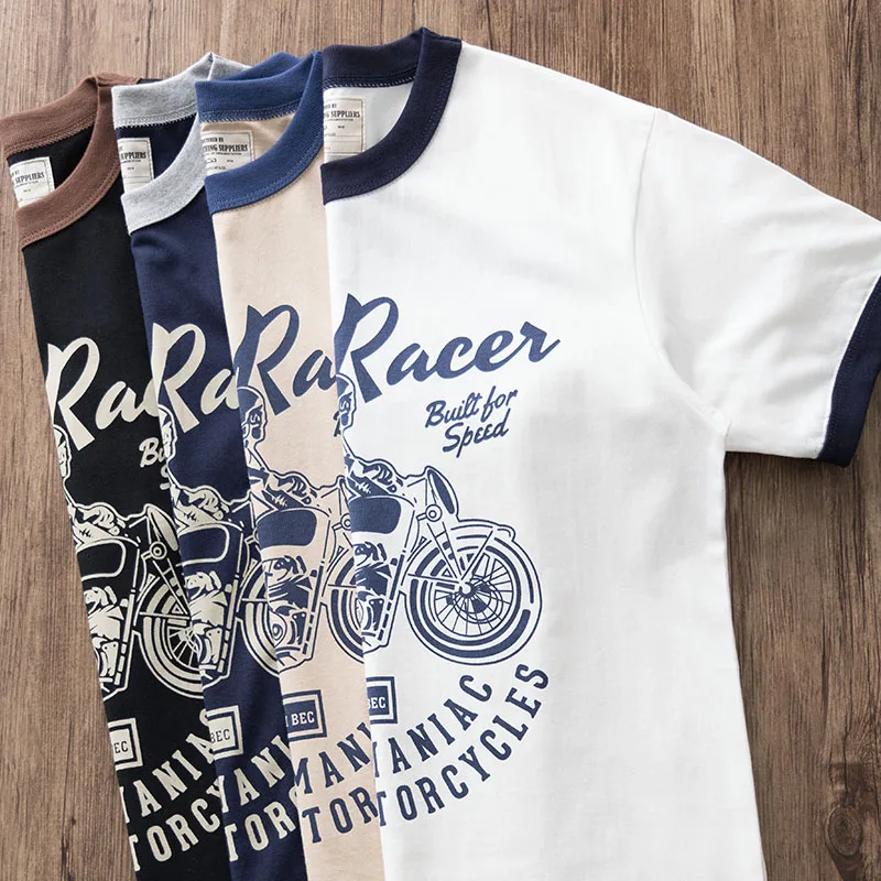 American Retro Motorcycle Print Cotton T-Shirt Men's Short Sleeve round Neck Pure Color Youth Summer Casual Style OKONKWO