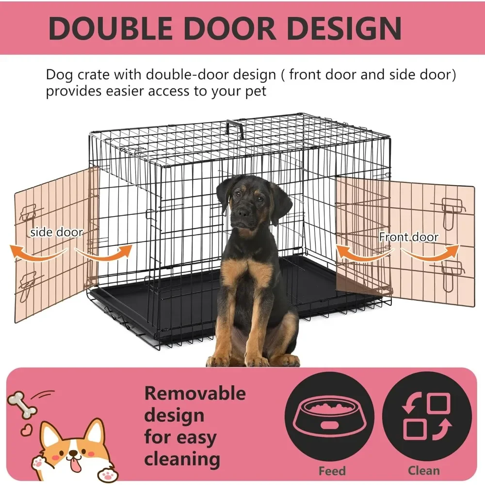 Caja para perros plegable extra grande de metal con puertas dobles, 48 pulgadas, bandeja extraíble y panel divisorio