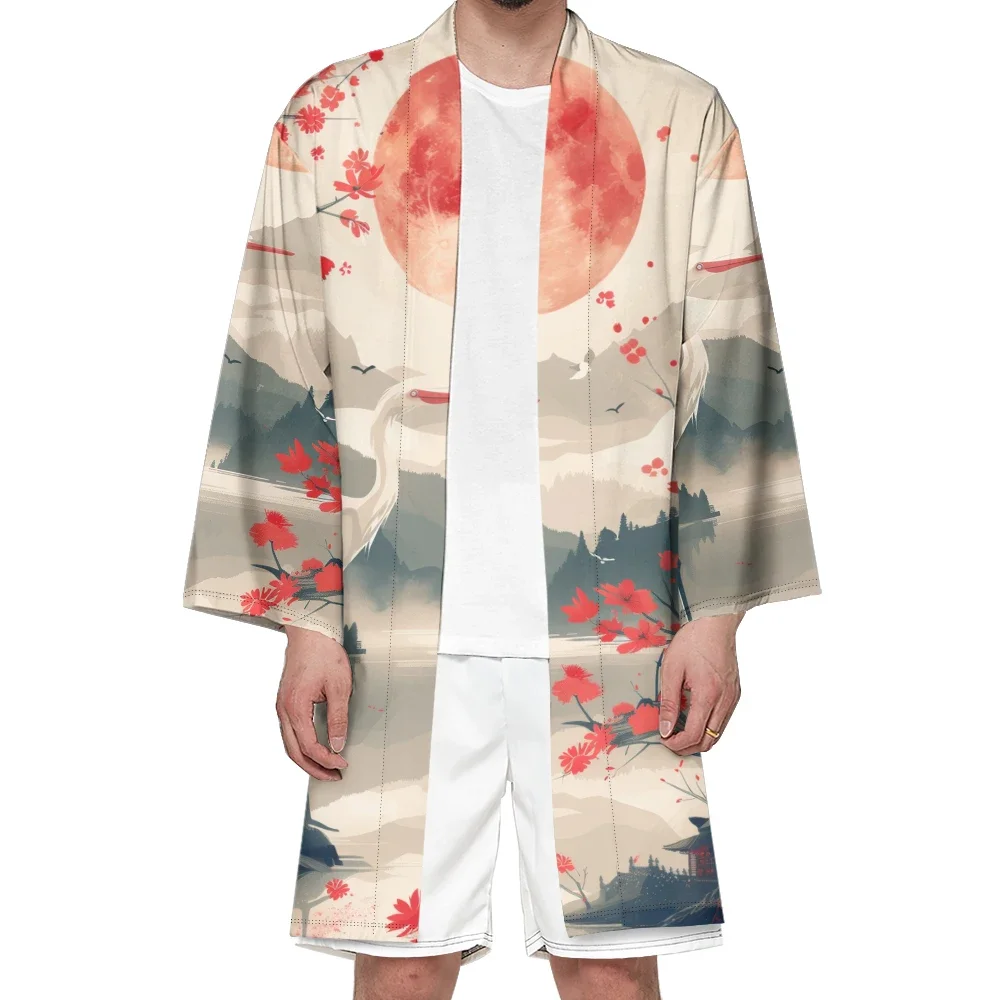 

Autumn Samurai Kimono Cosplay Japanese Fashion Long Kimono Unisex Haori Kimonos Retro Yukata Cardigan Landscape Print Robe