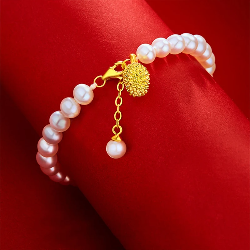 24K Gold Charm Bracelet Gold Bracelet 999 Real 3D Hard Gold Durian Pearl Bracelet for Women Fine Jewelry