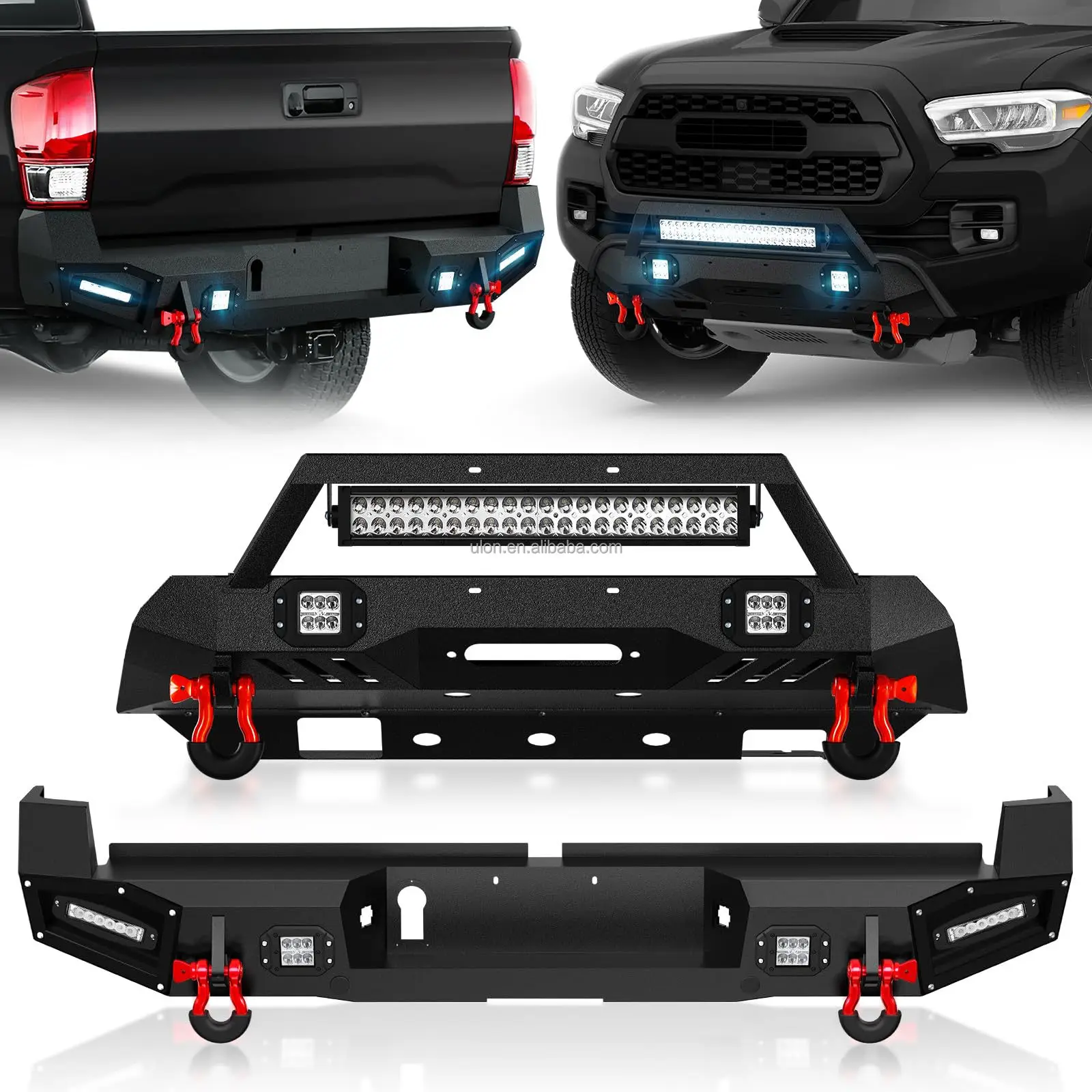 Pickup Truck For 2016-2023 Toyota Tacoma 3rd Gen Front & Rear Bumper With Winch Plate, LED Lights, Sensor Holes And D-rings