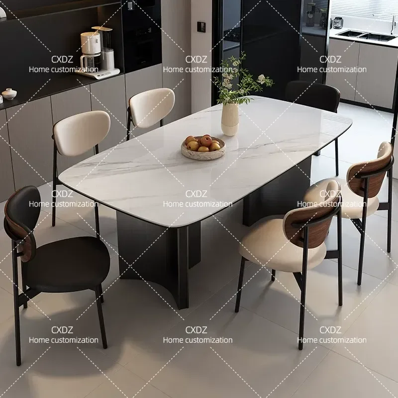 Nordic rock slab dining table rectangular household dining table modern simple light luxury matte stainless steel rock slab
