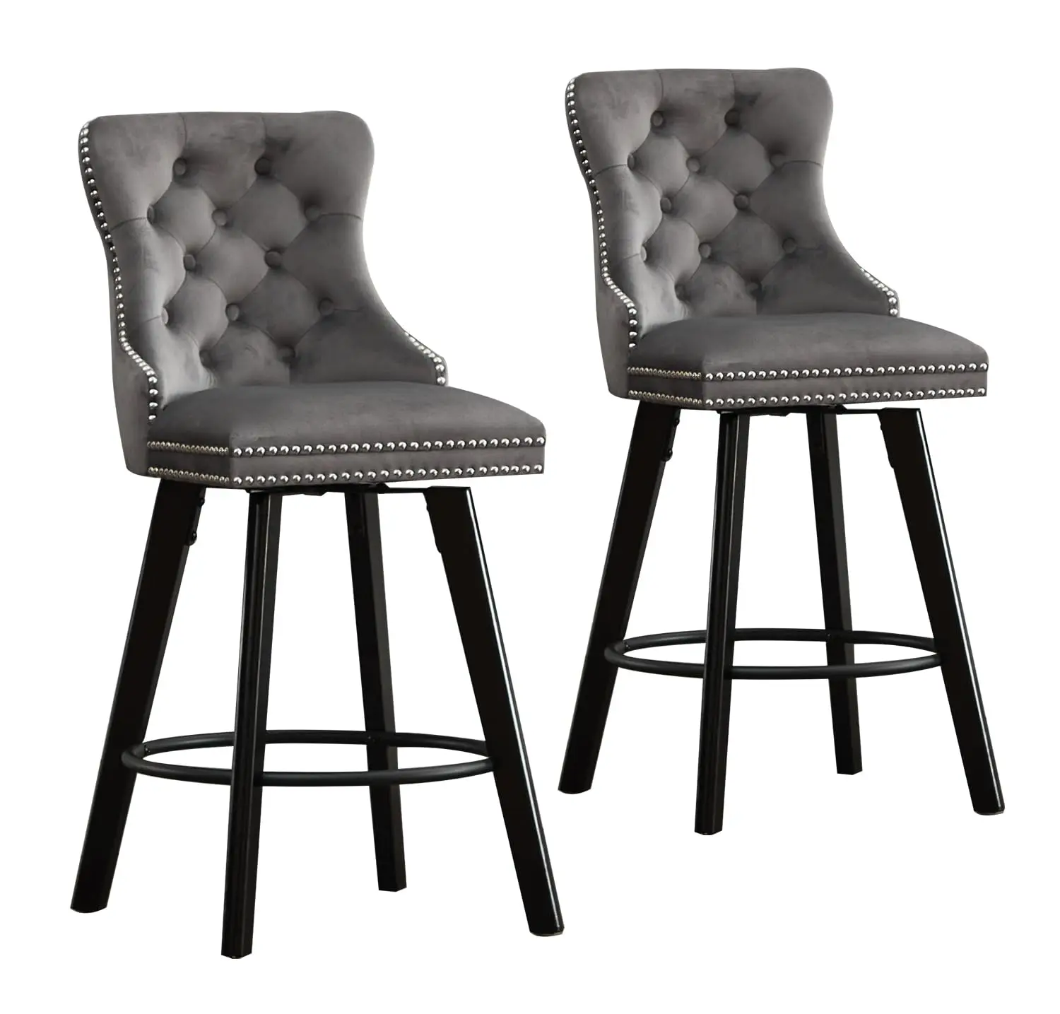 

Современные поворотные барные стулья с высокой спинкой и подставкой для ног, 27 дюймов, комплект из 2 штук, бархатные, с пуговичной стежкой и отделкой заклепками, для столовой, на заказ