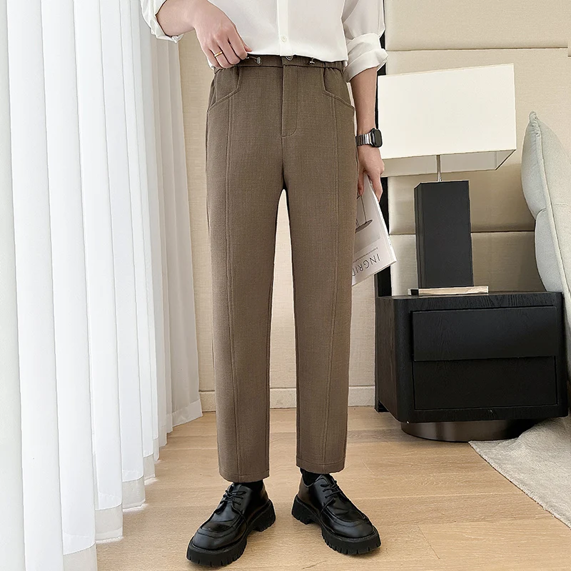 

Осенние модные повседневные брюки для мужчин 2024, однотонные брюки с эластичной резинкой на талии, корейская версия, тонкие брюки-карандаш, мужская одежда