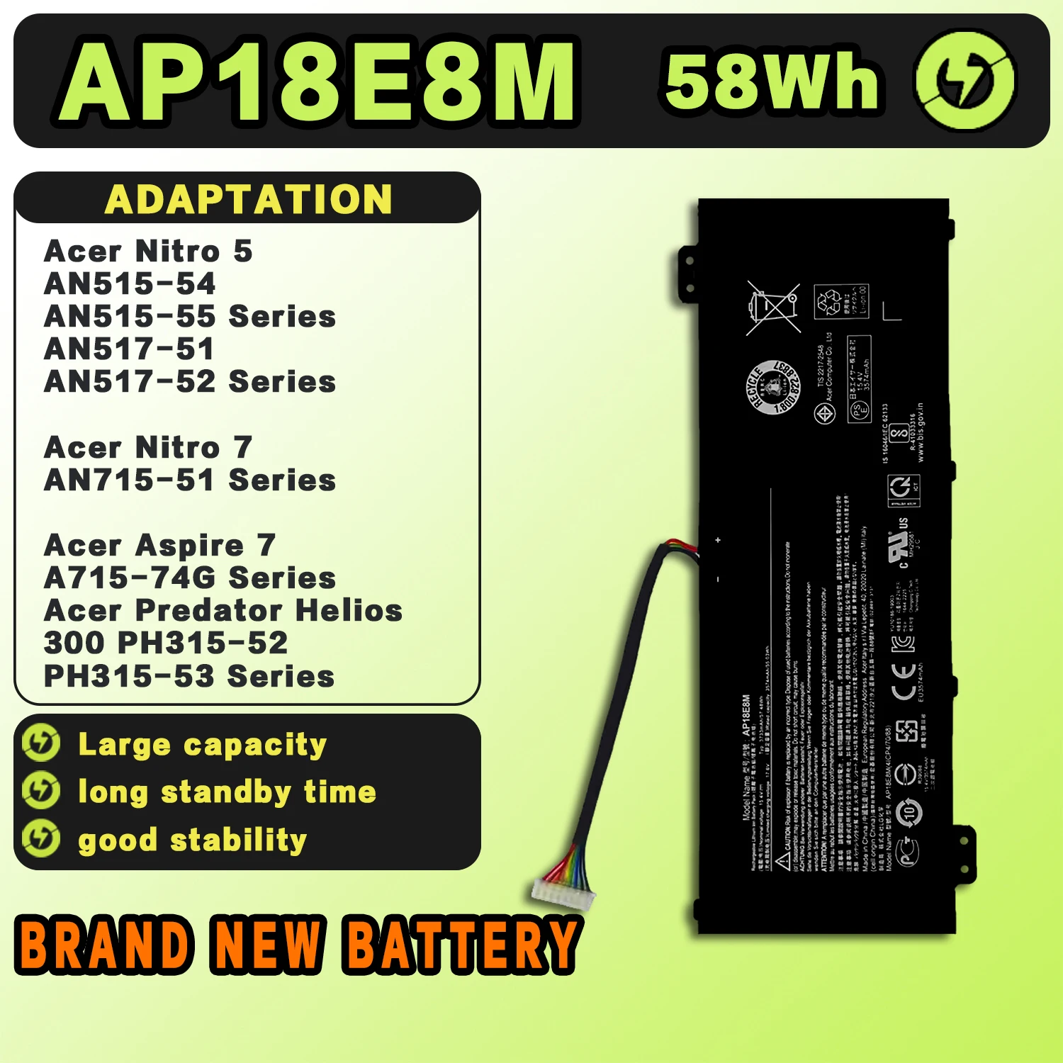 SAT AP18E8M New Laptop Batteries Replacement For ACER Nitro5 AN515-54 AN515-55 AN517-51 Nitro7 AN715-51 AP18E7M 15.4V58Wh3733mAh