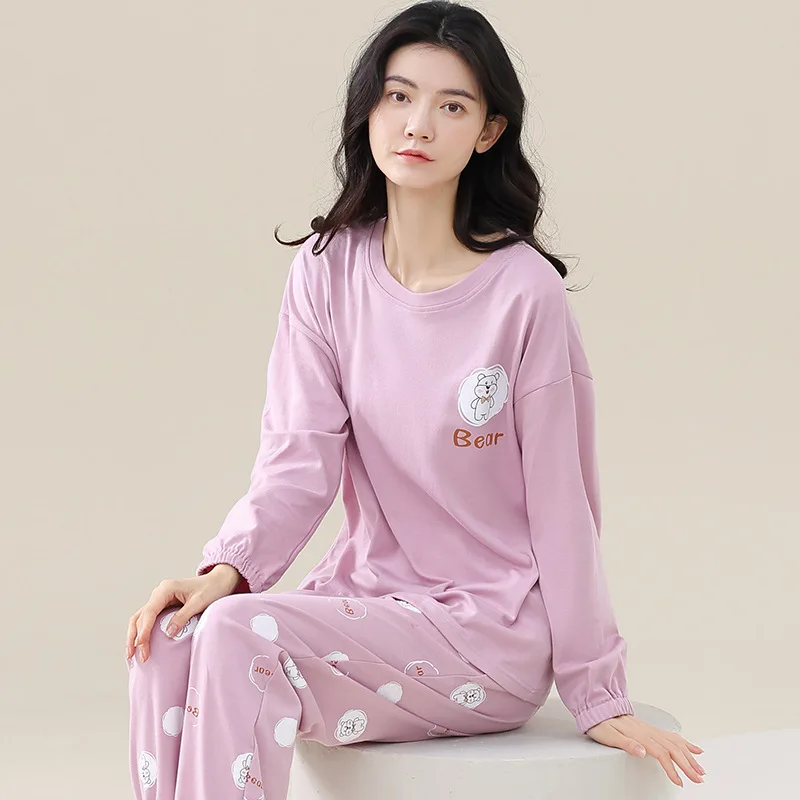 Spring Autumn Women's Pure Cotton Pajamas Round Neck Long Sleeve Pullover Pants Oversized Loose Casual Home Clothing Set