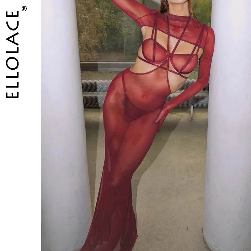 

Ellolace Elegant Sexy Female Lingerie Willowy See through 4PC Mermaid Set Backless Long Dress Gloves Crop Top Wine Party Kit
