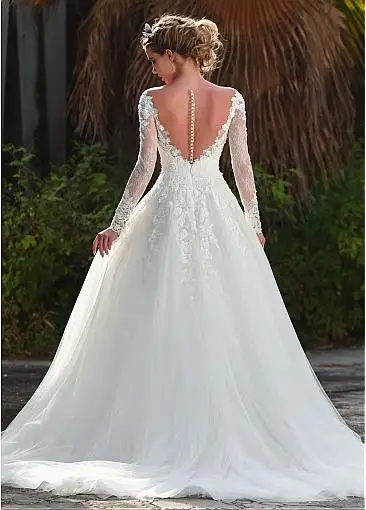 Long Sleeves Brautkleider 2022 Spitze Appliques Tüll Hochzeit Kleider A-linie Sheer Zurück Vestios De Novia