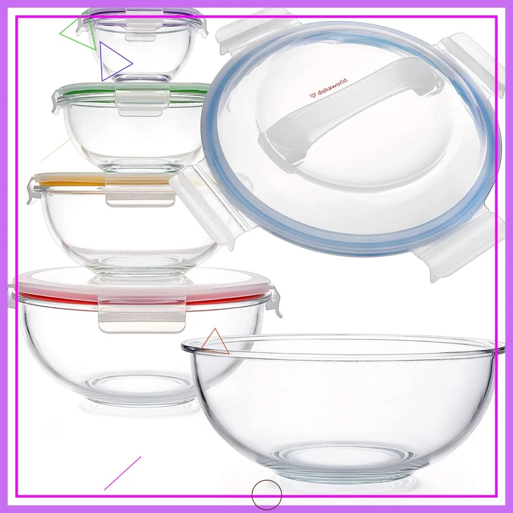 

Набор из 5 штабелируемых стеклянных мисок с крышками без BPA для приготовления, хранения, выпечки и использования в микроволновой печи