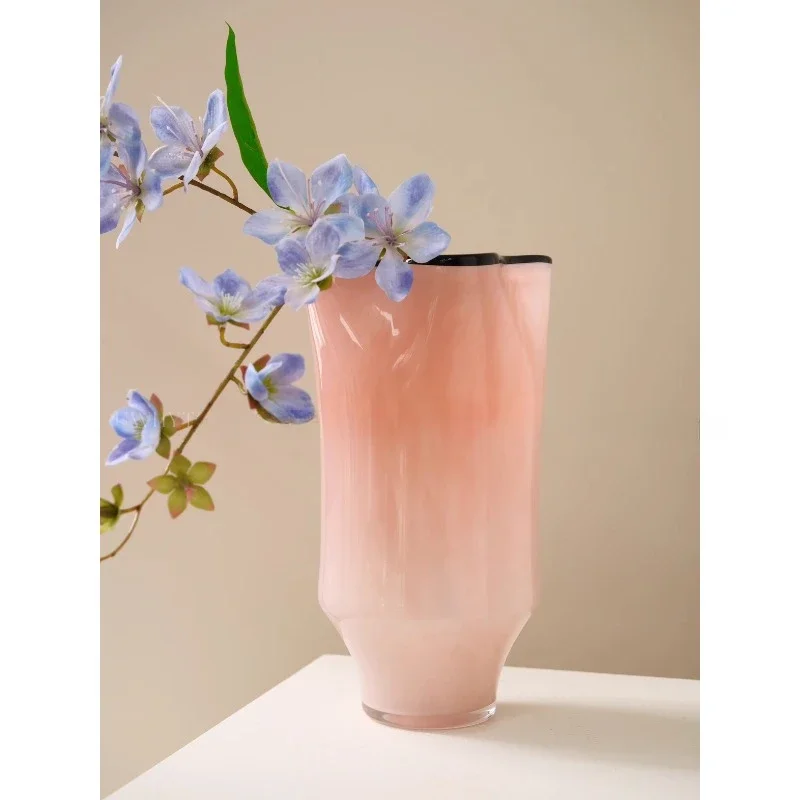 Gentle jade pink black edge wrinkled new Chinese high-grade large-diameter glazed glass vase living room entrance flower arrange