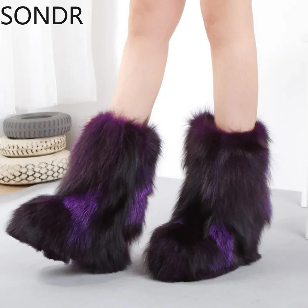 Womens Round Toe Mid Calf Boots Real Arctic Fox Fur Furry Hidden Heel Warm Winter Snow Shoes Thick Match Colors