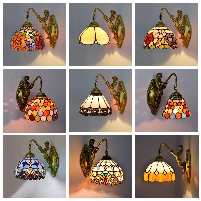 

American Stained Glass European Mediterranean Aisle Corridor Bedside Lights Vintage Collage Wall Lamp