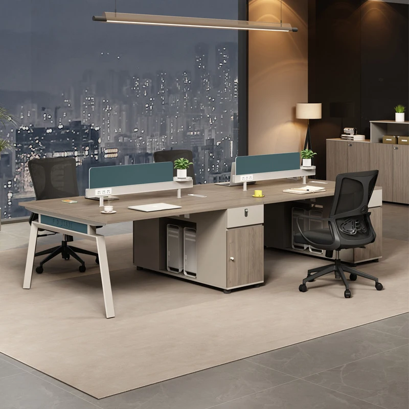 

Комплект мебели для офиса: простой современный рабочий кабинет, компьютерный стол на четыре или шесть человек и стулья.