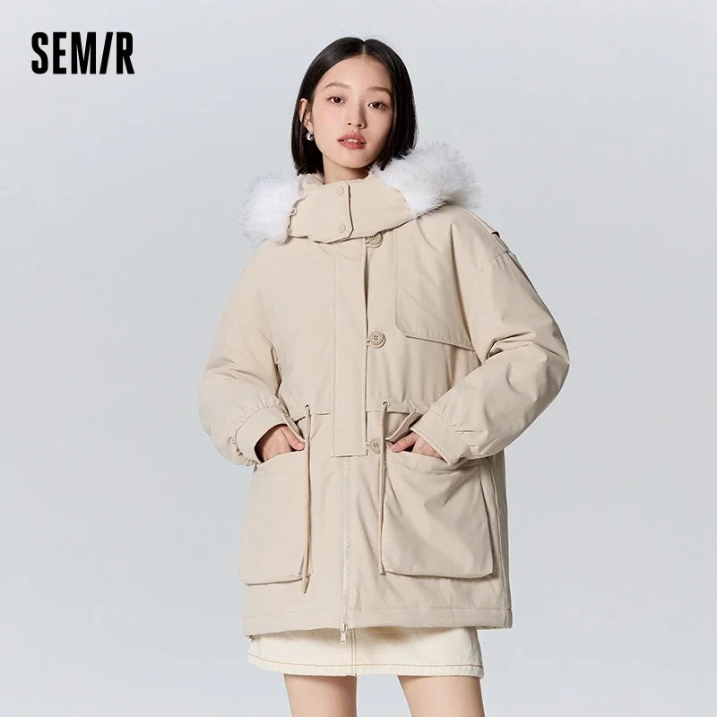 Semir Cotton Coat Women Mid-Length Loose Waist Workwear Style 2023 New Winter Three-Proof Fur Collar Hooded Thick Cotton Coat