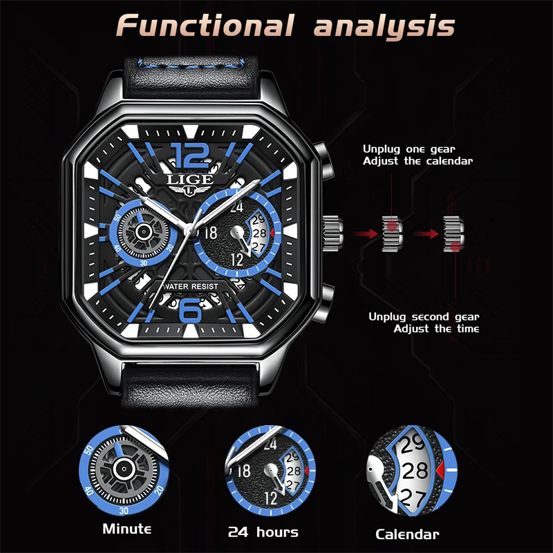 Reloj LIGE cuadrado de cuero de lujo para hombre, cronógrafo luminoso, relojes de pulsera de cuarzo, esfera pequeña, reloj de trabajo resistente al agua para hombre