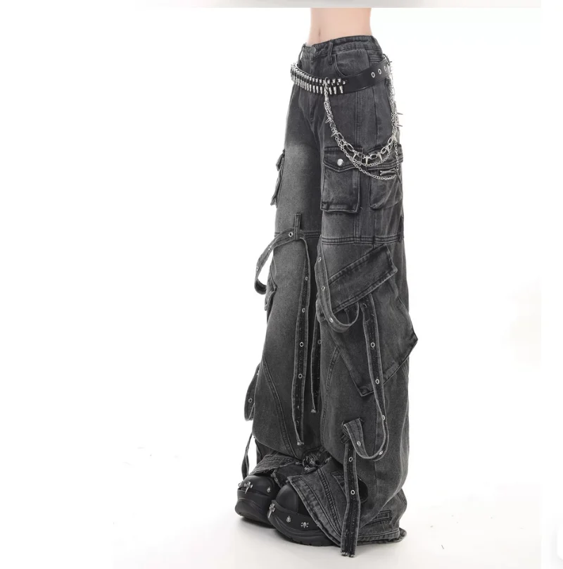 Original Punk-style Distressed Strap Retro Ribbon Pocket Wide-Leg Pants
