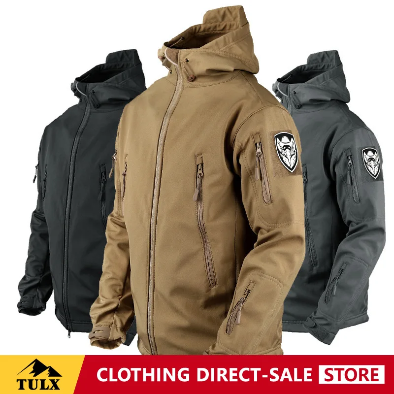 Shark Skin Taktische Softshell-Jacke für den Außenbereich, lockere, verschleißfeste, warme Windjacke mit mehreren Taschen für Herren, Camouflage-Militärmantel