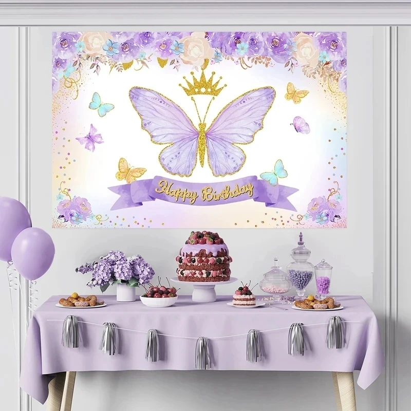 Pink Butterfly Birthday Party Backdrops Wedding Decorations Photo Booth Background Baby Shower Girl Hanging Flag Backdrop Props