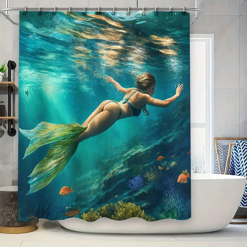 

Underwater Mermaid Bath Curtain Blue Green Fish Coral 3D Printed Shower Curtain for Bathroom Decor