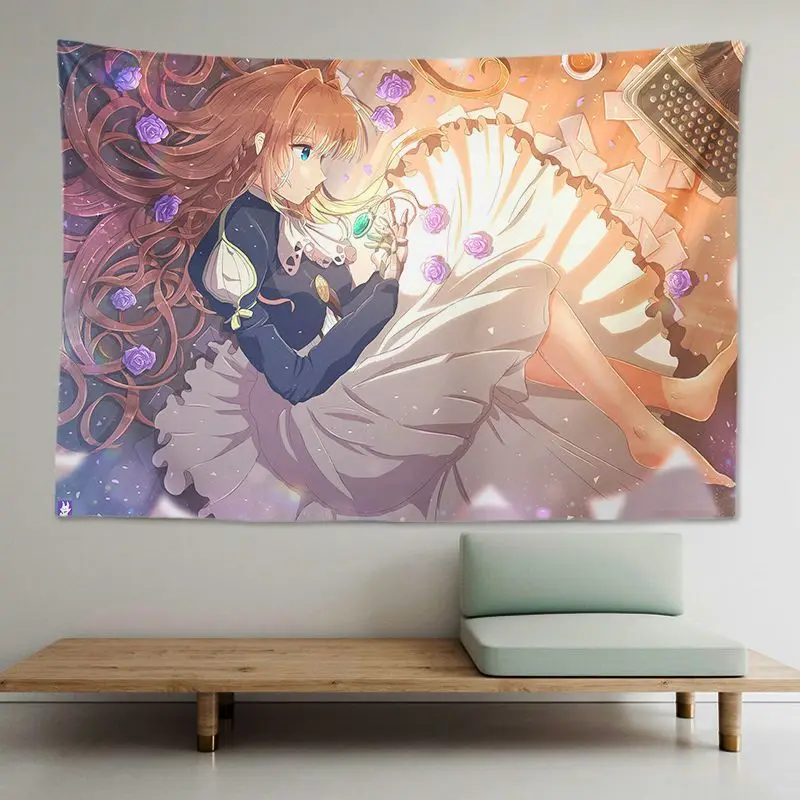 VIKAMA Violet Evergarden Anime Girl Tapestry Art Print Wall Hanging Aesthetic Dorm Bedroom Decor Kawaii Polyester Cloth