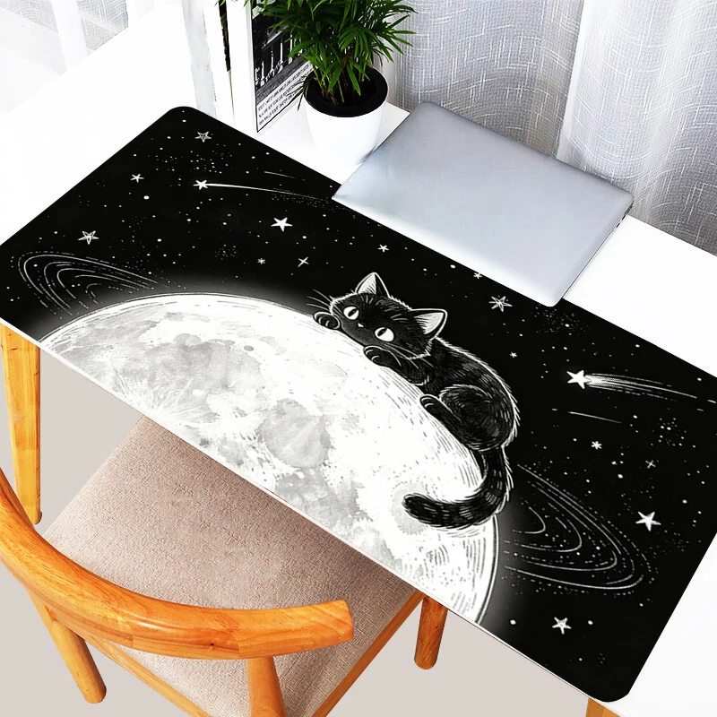 kawaii Mouse Pad Large PC Computer Desk Mat Black and white space carpet Moon Cat Mousepad Keyboard Gamer Accessories Table Pad