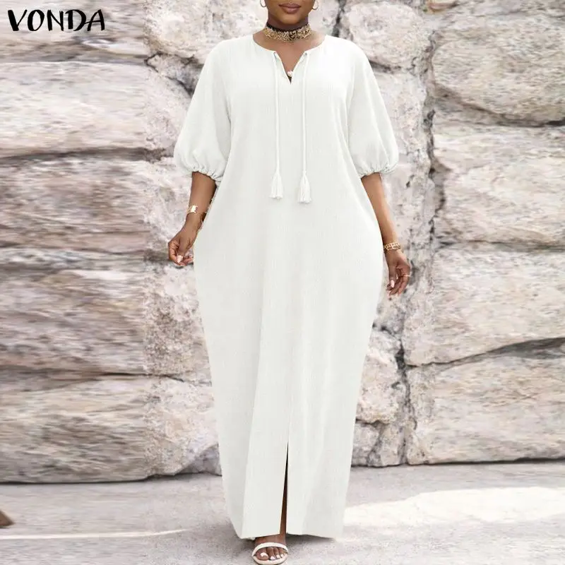 

VONDA Summer Women Plus Size Dresses Half Sleeve Loose Solid Color Long Maxi Dress Party OL Work V Neck Vestidos Streetwear