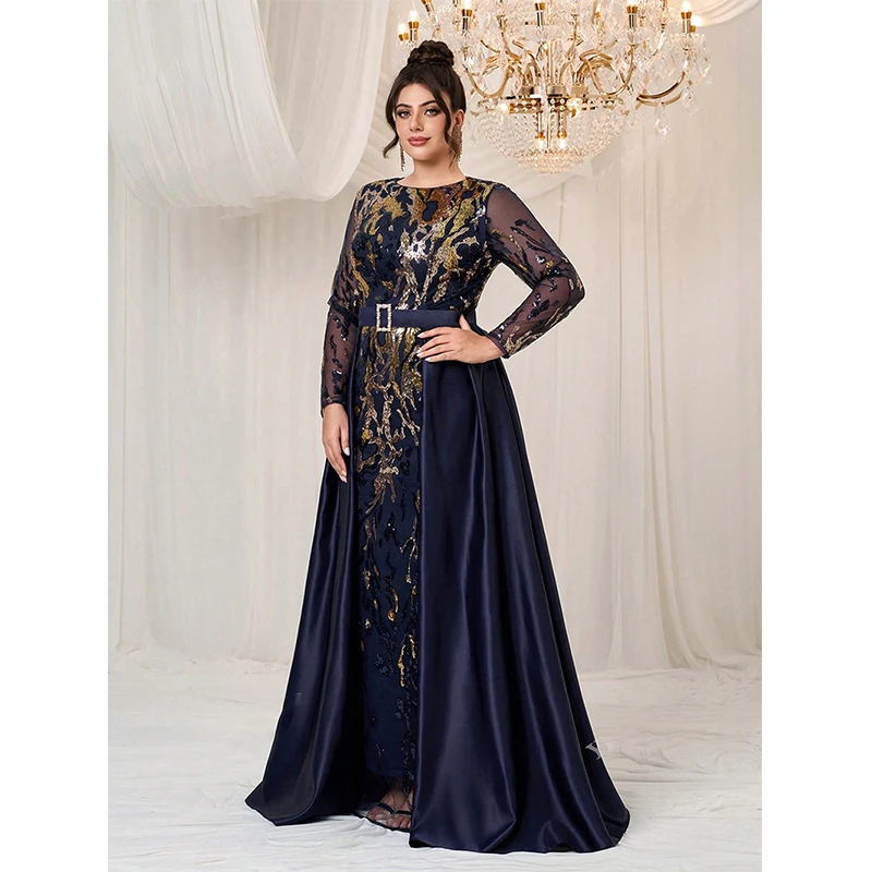 Sukienki wieczorowe damskie z długim rękawem, dekoltem typu O, cekinami, odpinanym płaszczem, eleganckie sukienki koktajlowe, na studniówkę, na formalne okazje.