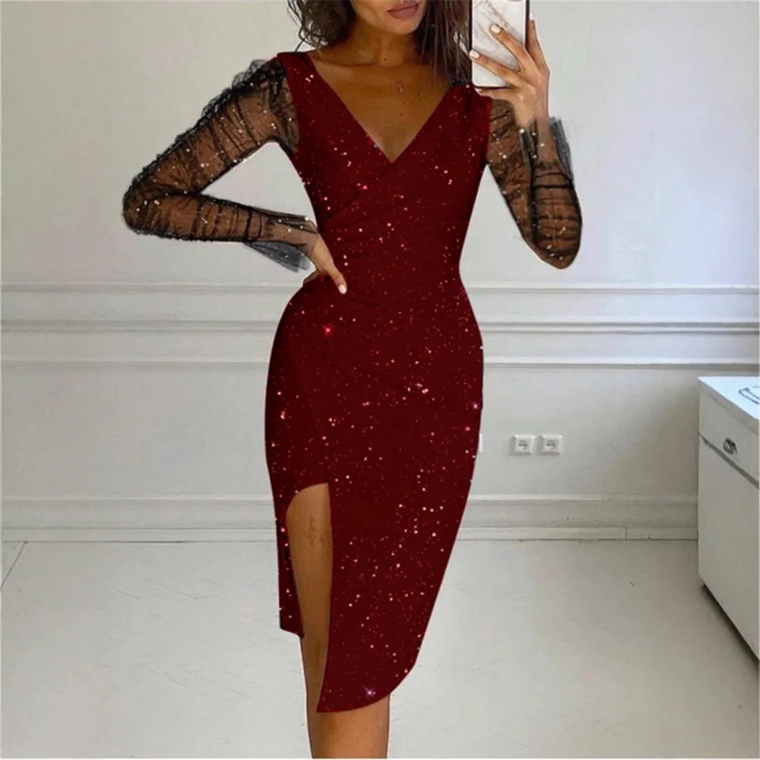 Moderne Sle dames V-Ne Bodycon Dr Sparkling Rhinestone Me avondjurk midden taille polyester stof lang Sve