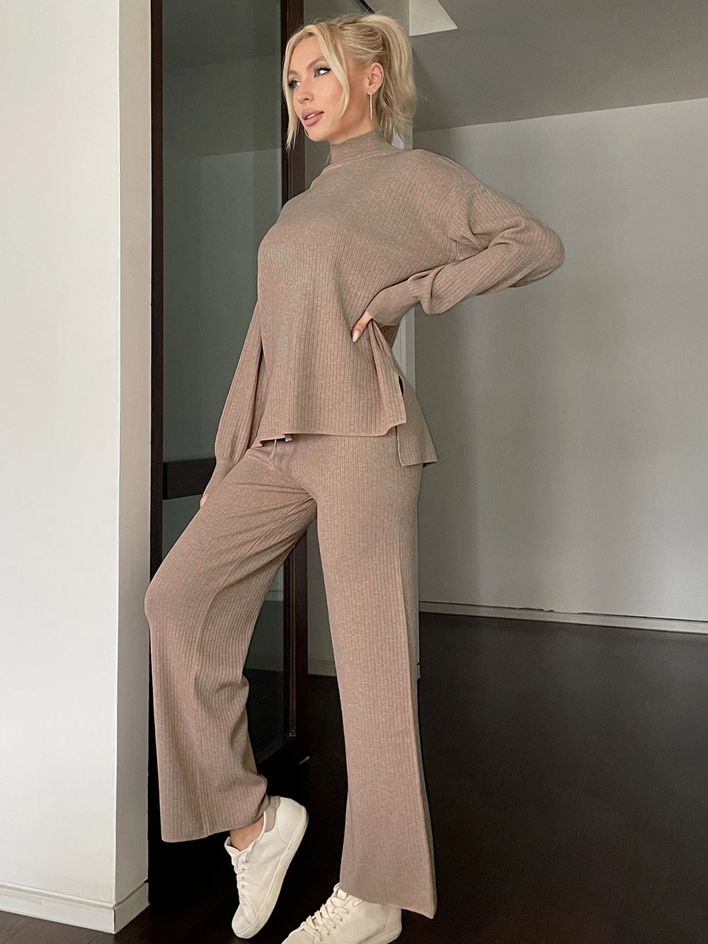 

Wixra Women Mock Neck Split Sweater Lantern Sleeve Pullover Top Knitted Long Pants Autumn Winter Solid Casual 2-Piece Suits