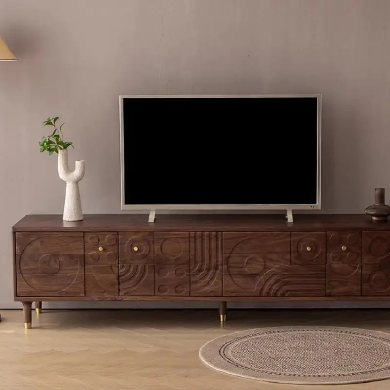 

Black walnut TV cabinet small apartment living room medium ancient solid wood carving flower TV cabinet