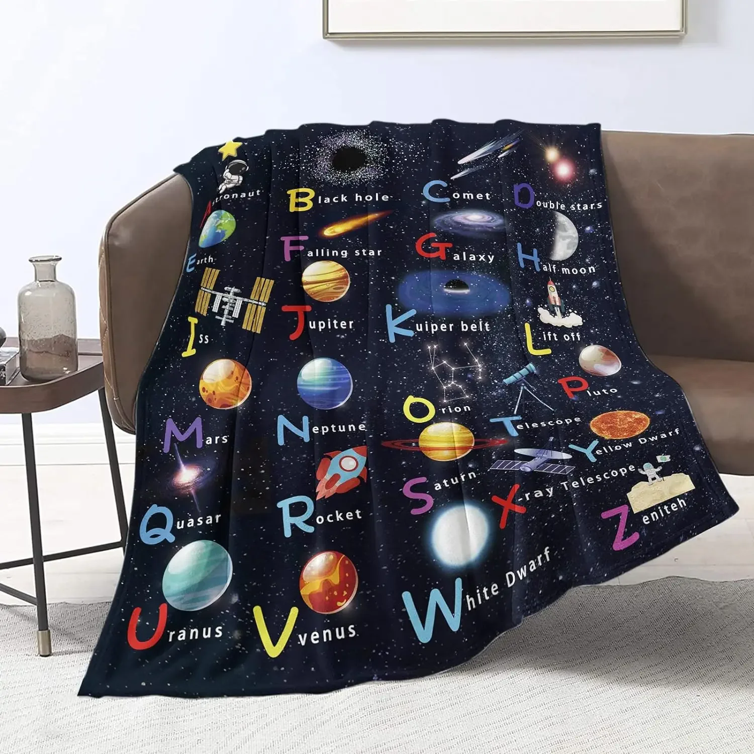 Kids Outer Space Astronaut Blanket, ABC Planet Blanket, Spaceship Rocket Blanket, Solar System Gift, Soft Flannel Blanket